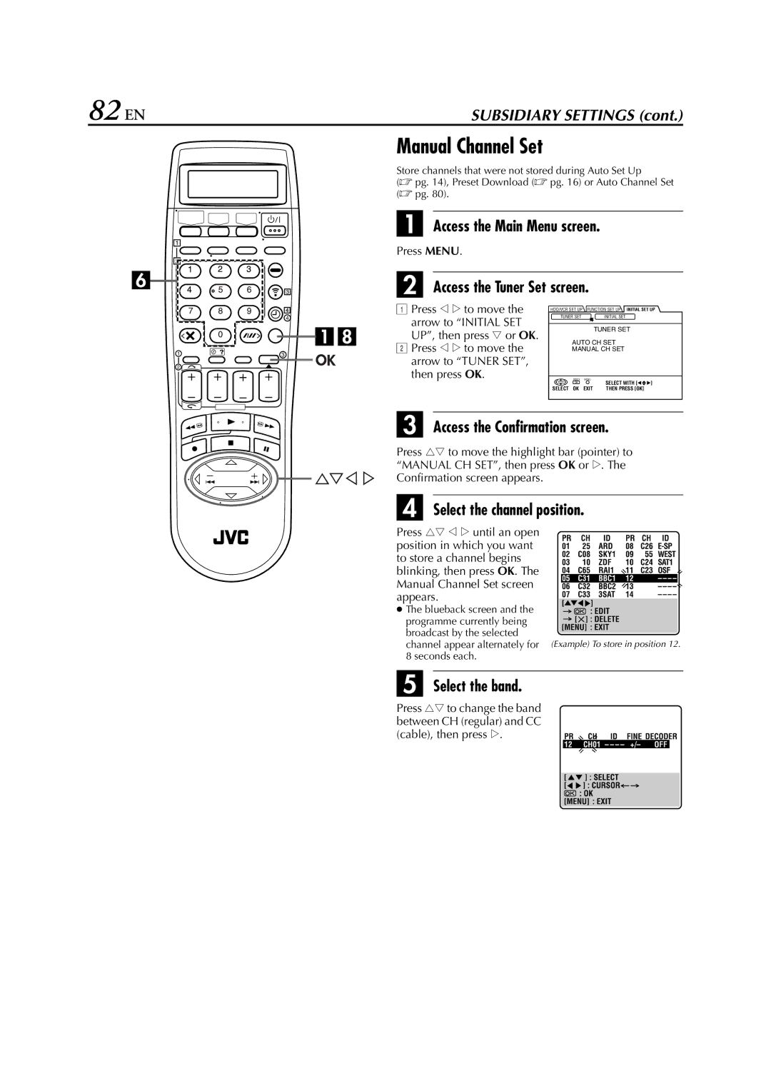 JVC HM-HDS1EU Manual Channel Set, Access the Confirmation screen, Select the channel position, Select the band 