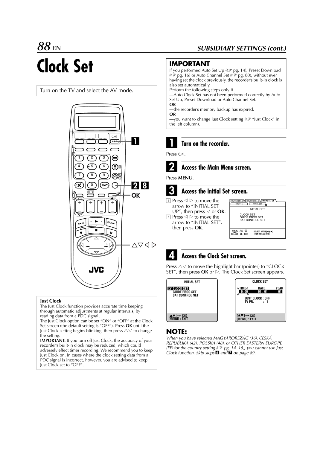 JVC HM-HDS1EU specifications 88 EN, Access the Clock Set screen 