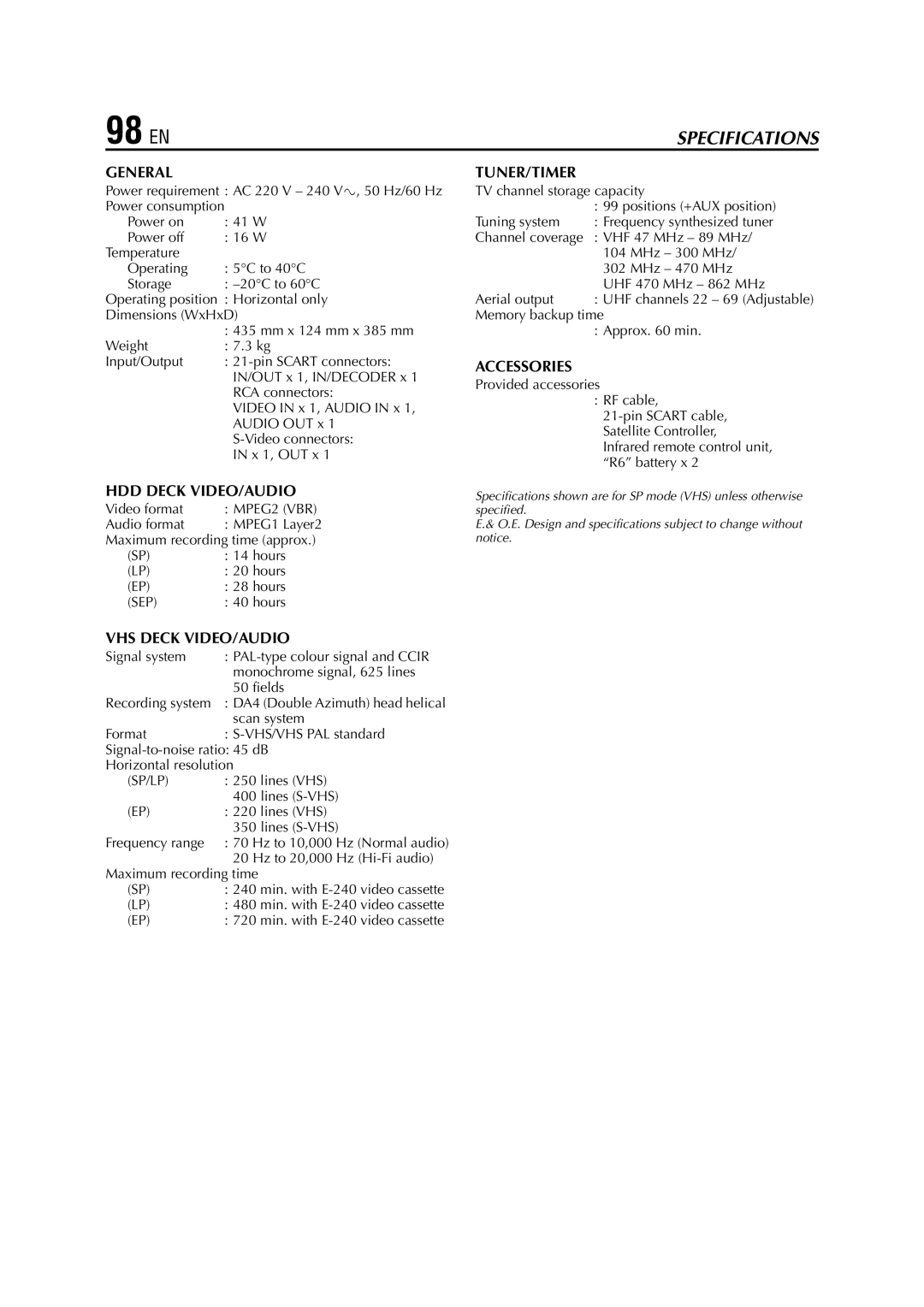 JVC HM-HDS1EU specifications 98 EN 