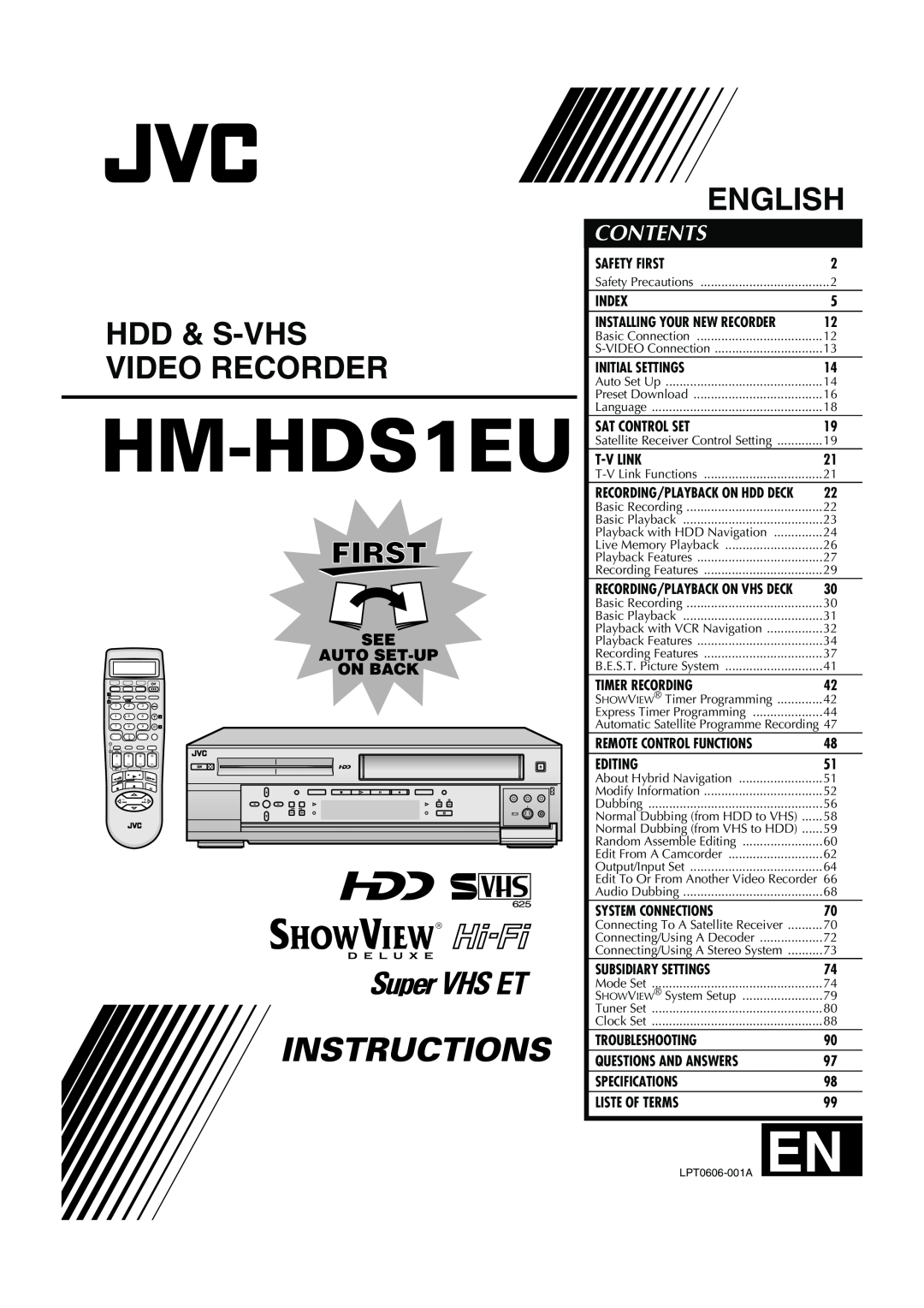 JVC HM-HDS1EU specifications Hdd & S-Vhs Video Recorder, English, Contents, Safety First, Index, Initial Settings, Editing 