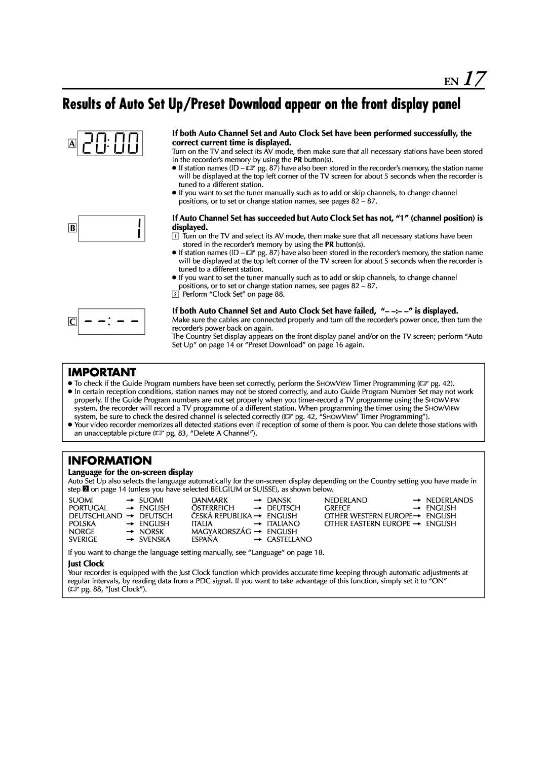 JVC HM-HDS1EU specifications Information, Language for the on-screen display, Just Clock 