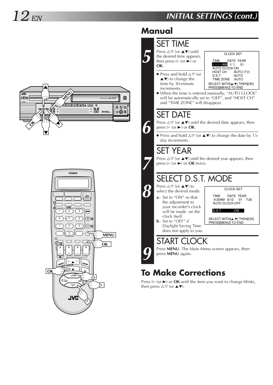 JVC HM-HDS1U manual SET Time, SET Date, SET Year, Manual, To Make Corrections 