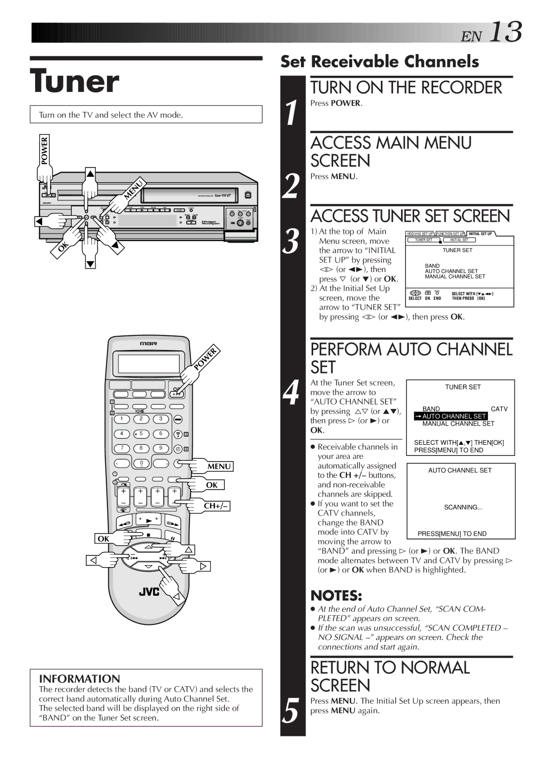 JVC HM-HDS1U manual Access Tuner SET Screen, Set Receivable Channels 