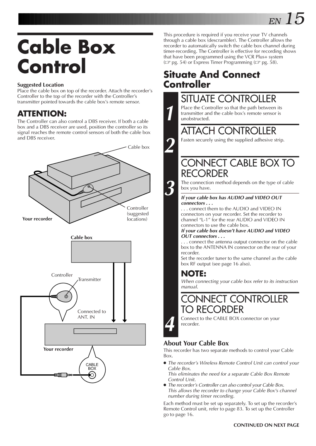 JVC HM-HDS1U manual Cable Box Control, Situate Controller, Attach Controller, Connect Cable BOX to Recorder 