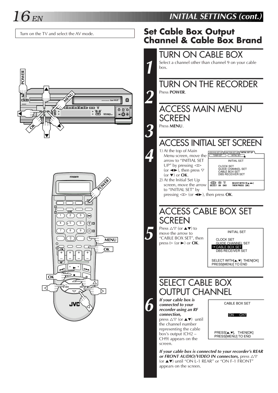 JVC HM-HDS1U manual Turn on Cable BOX, Access Cable BOX SET Screen, Set Cable Box Output Channel & Cable Box Brand 