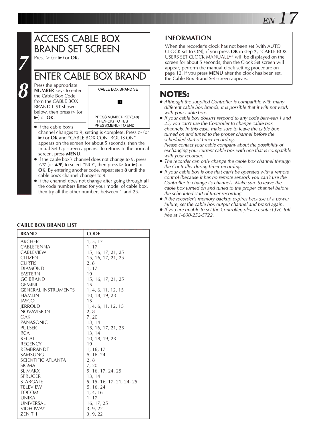 JVC HM-HDS1U manual Access Cable BOX Brand SET Screen, Enter Cable BOX Brand 