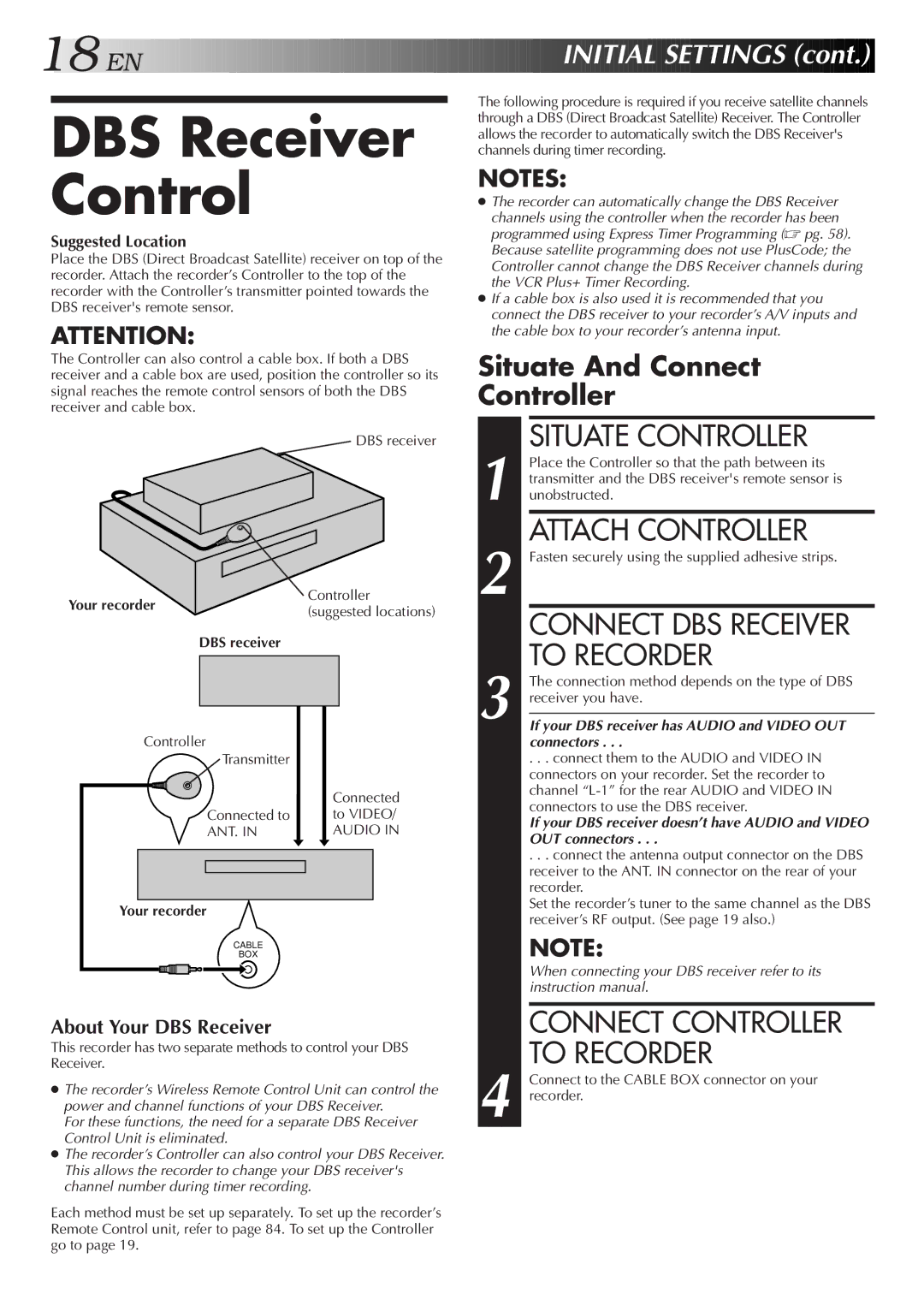 JVC HM-HDS1U manual DBS Receiver Control, Connect Controller to Recorder, DBS receiver 