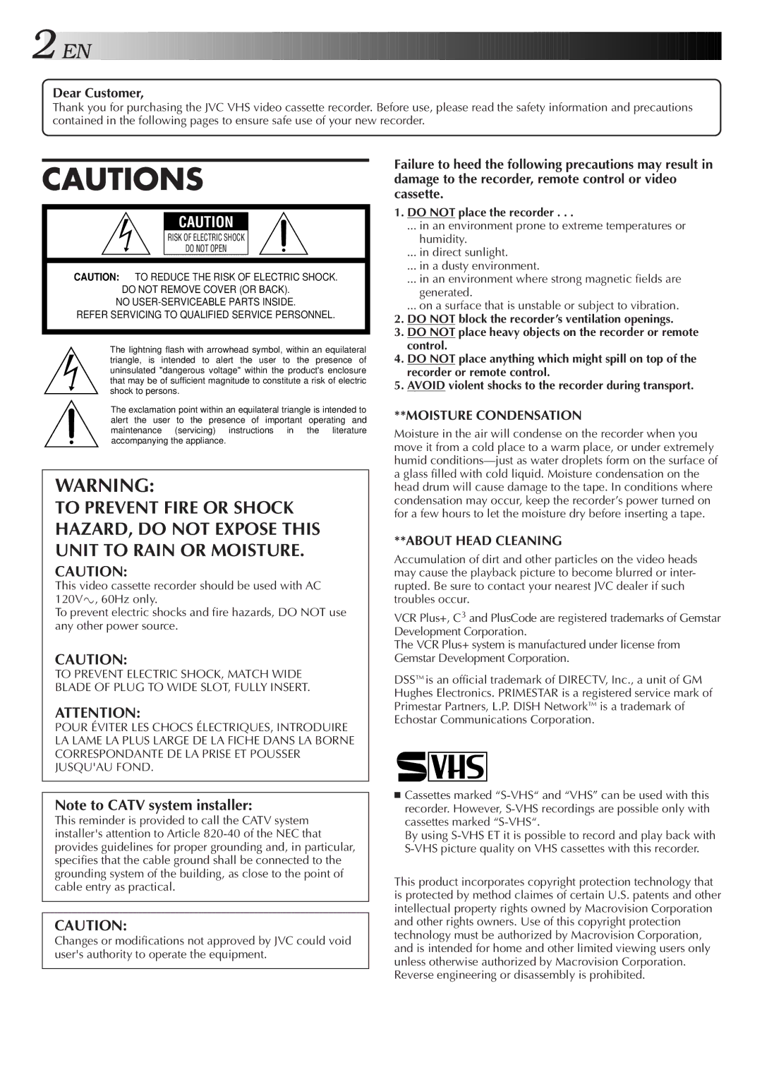 JVC HM-HDS1U manual Dear Customer, Do not place the recorder 