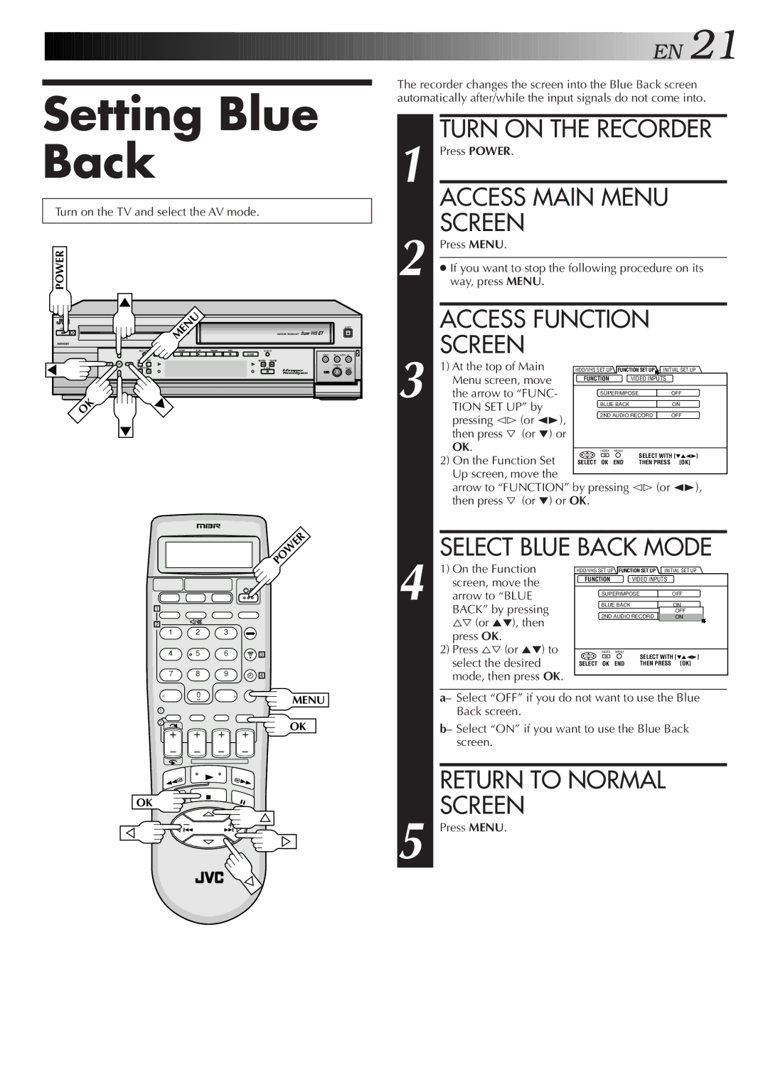 JVC HM-HDS1U manual Setting Blue Back, Access Function Screen, Select Blue Back Mode 