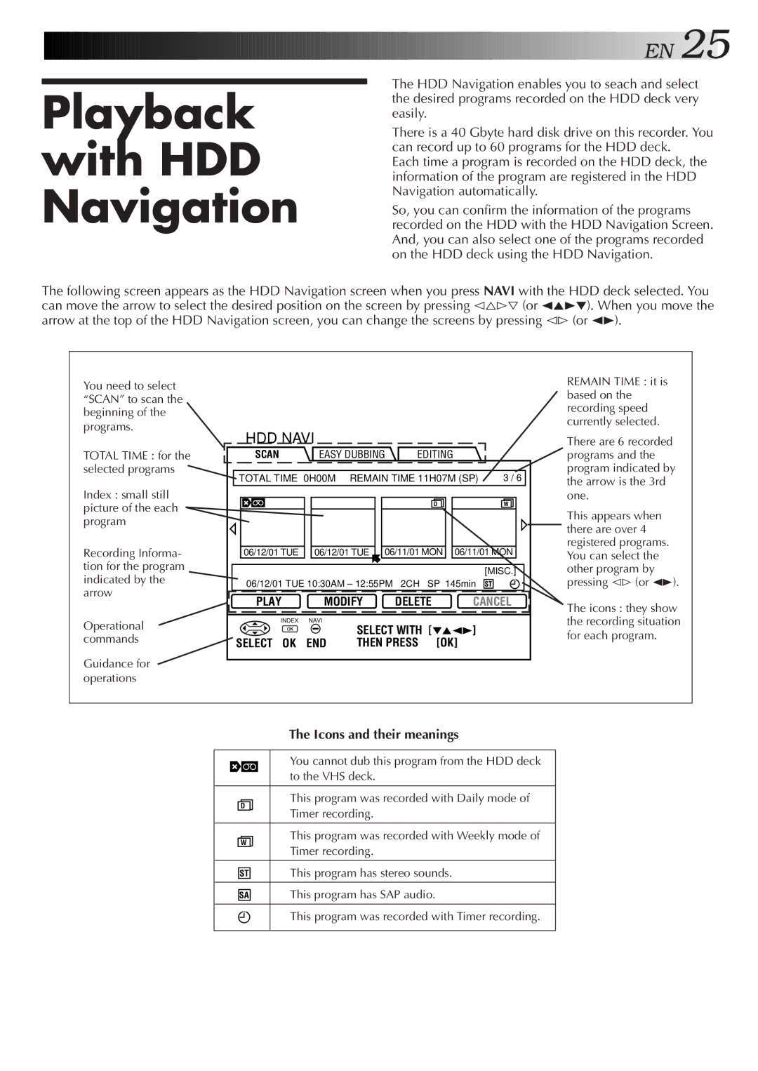 JVC HM-HDS1U manual Playback with HDD Navigation, Icons and their meanings 