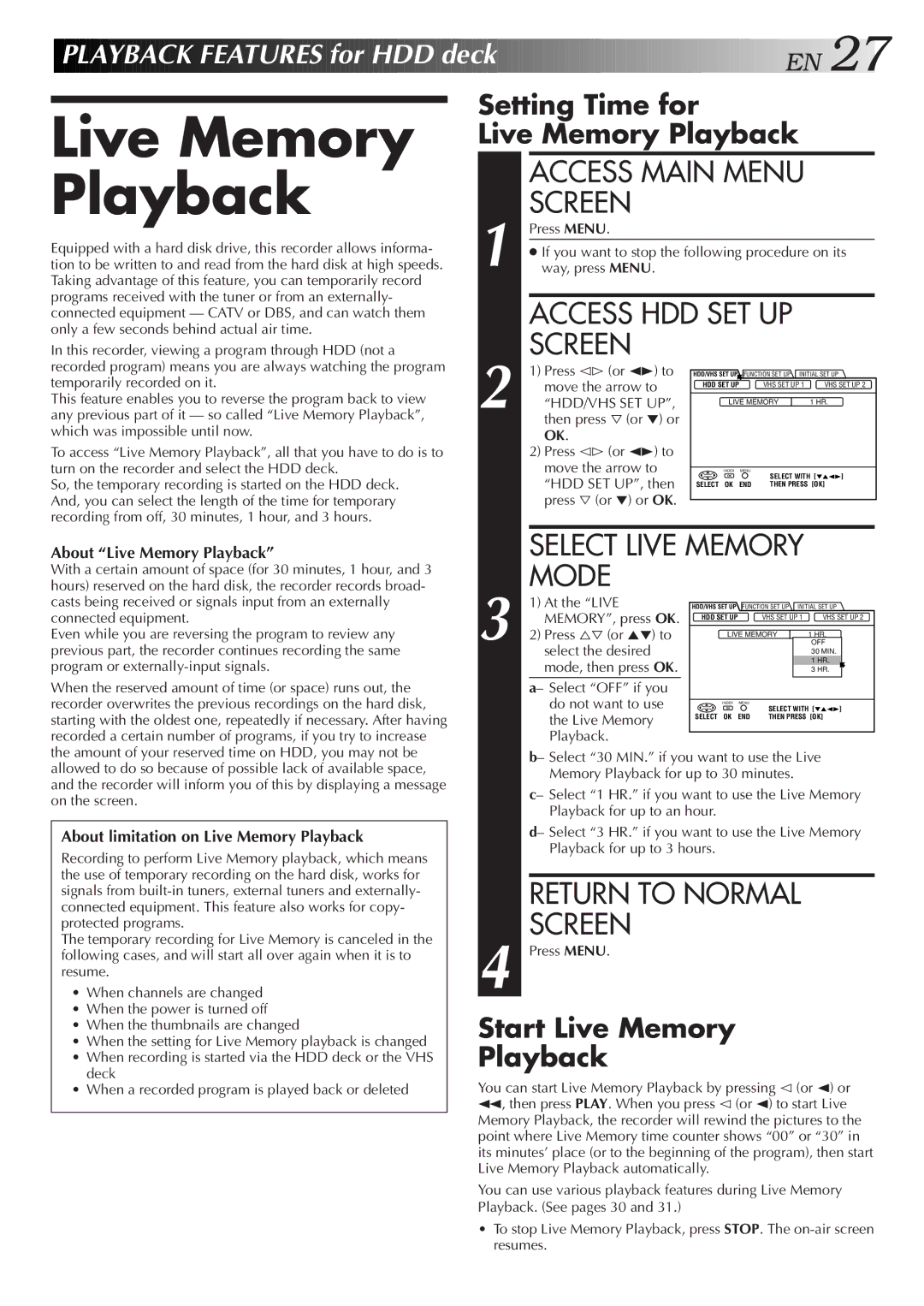 JVC HM-HDS1U manual Access Main Menu, Setting Time for Live Memory Playback, Start Live Memory Playback 