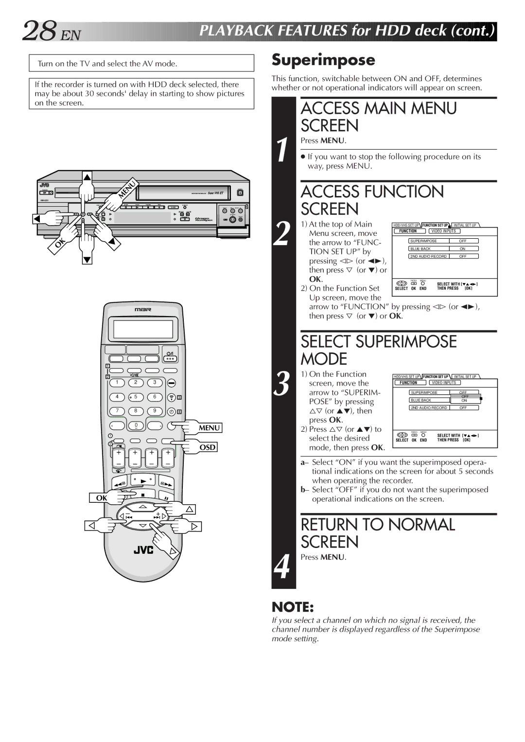 JVC HM-HDS1U manual Select Superimpose, Tion SET UP by, Arrow to Superim, Pose by pressing 