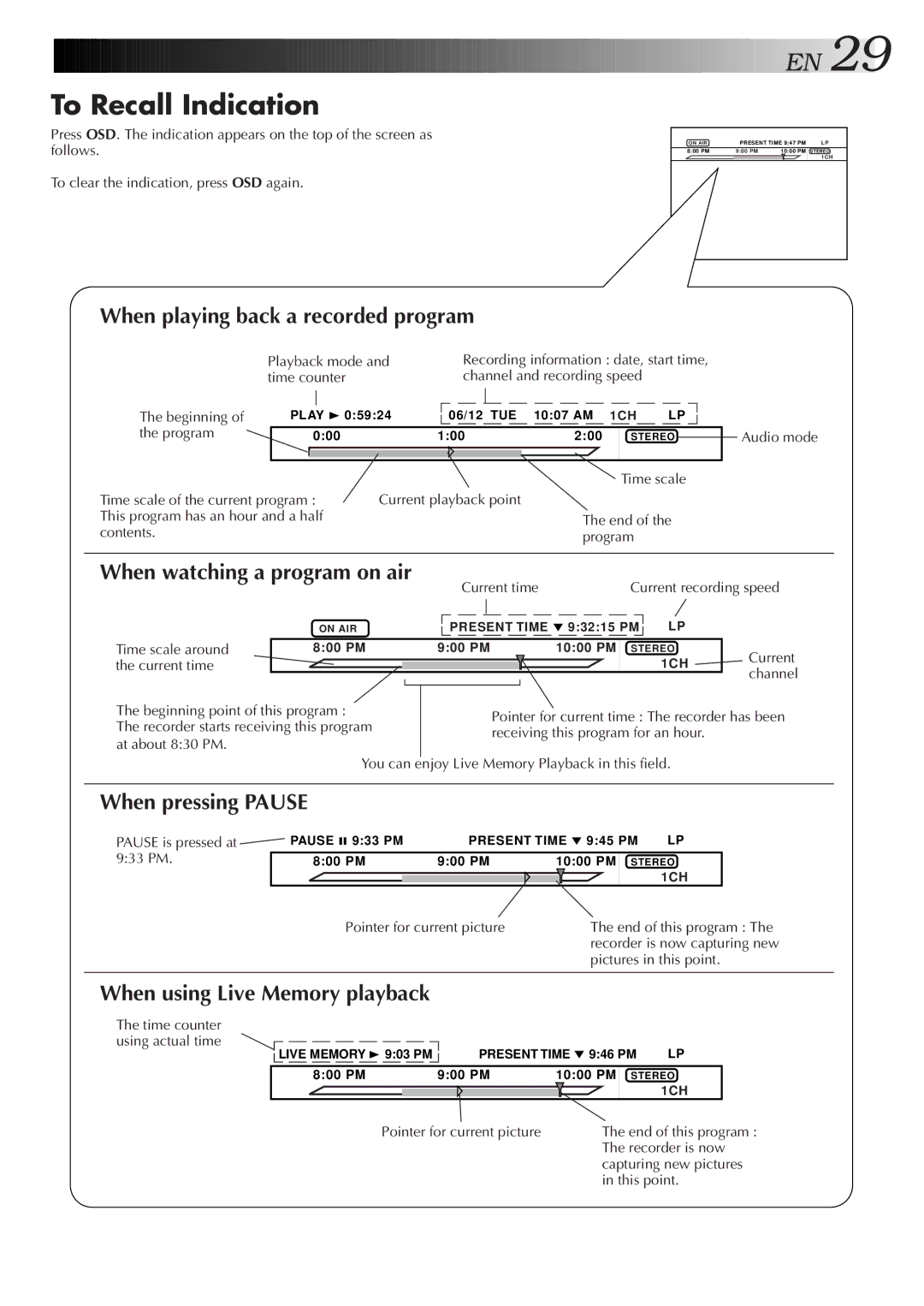 JVC HM-HDS1U manual To Recall Indication 