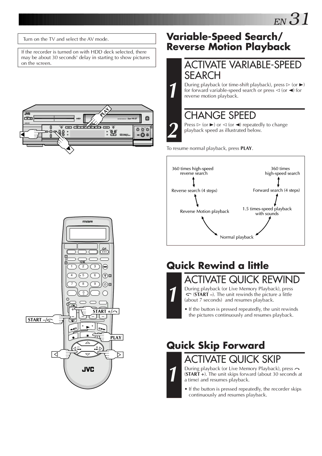 JVC HM-HDS1U manual Activate VARIABLE-SPEED Search, Change Speed, Activate Quick Skip 