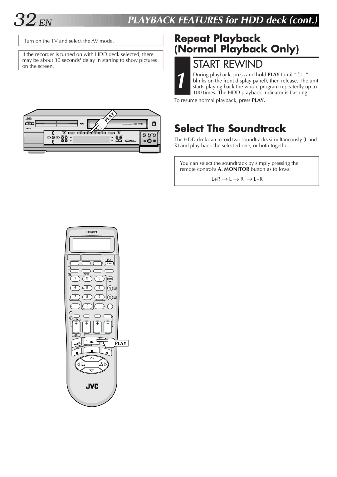 JVC HM-HDS1U manual Start Rewind, Repeat Playback Normal Playback Only, Select The Soundtrack 