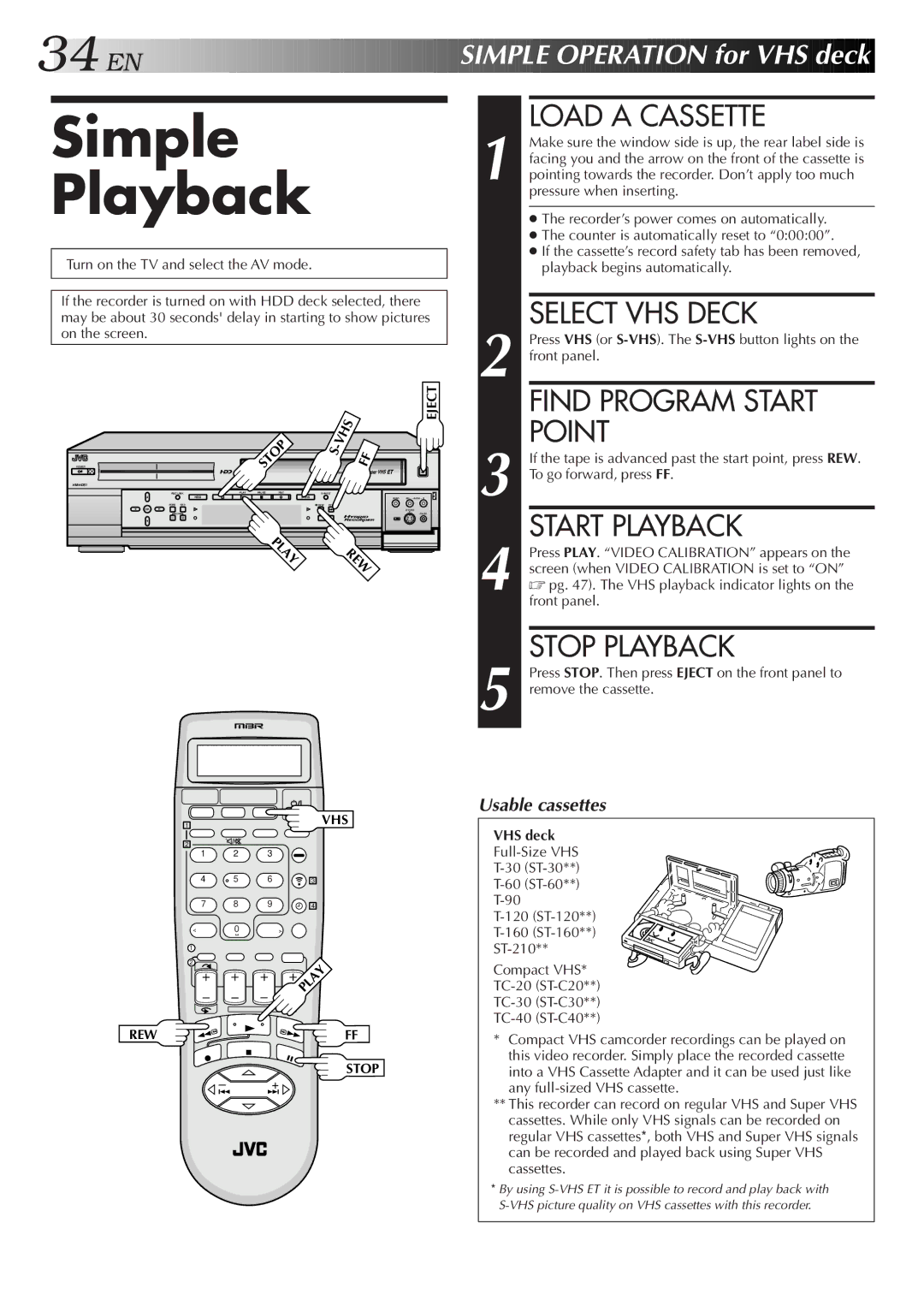 JVC HM-HDS1U manual Load a Cassette, Select VHS Deck, Find Program Start Point, VHS deck 