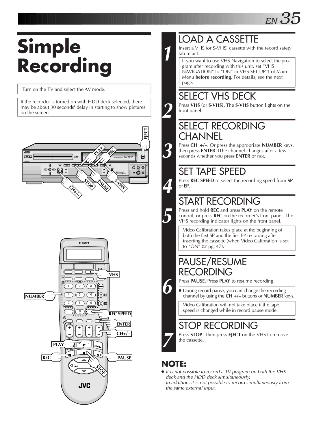 JVC HM-HDS1U manual SET Tape Speed, Pause/Resume, Recording 