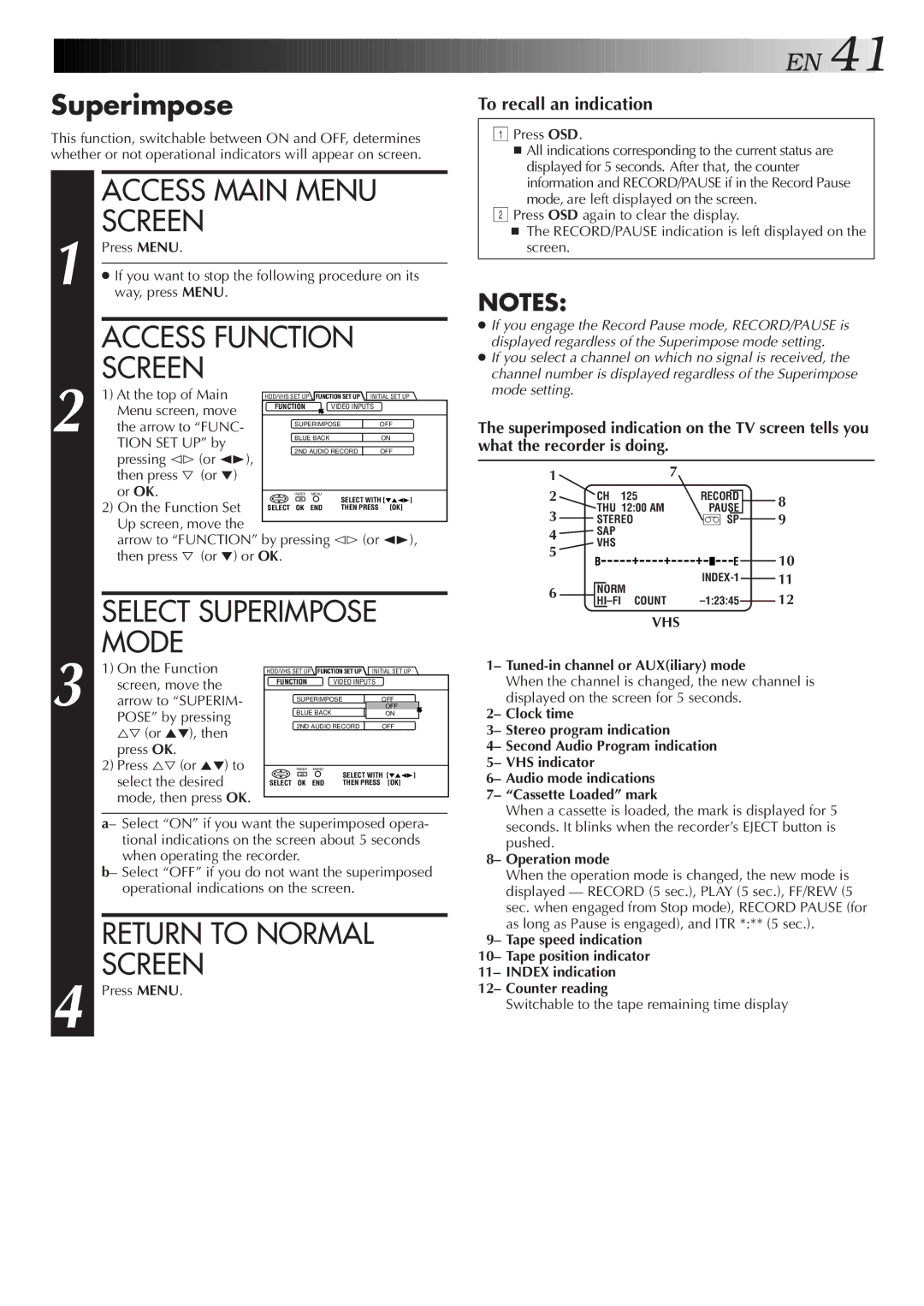 JVC HM-HDS1U Press OSD, Tuned-in channel or AUXiliary mode, Operation mode, Switchable to the tape remaining time display 