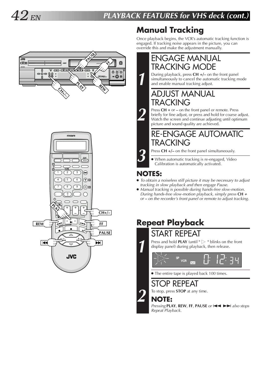 JVC HM-HDS1U manual Engage Manual, Tracking Mode, Adjust Manual, RE-ENGAGE Automatic, Start Repeat, Stop Repeat 