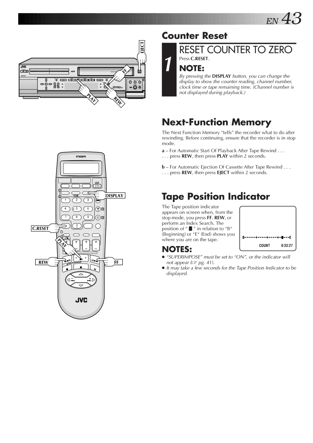 JVC HM-HDS1U manual Counter Reset, Next-Function Memory, Tape Position Indicator 