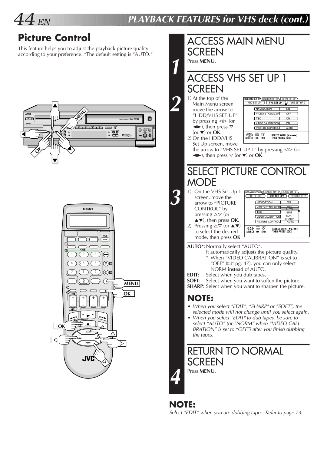 JVC HM-HDS1U manual Access VHS SET UP 1 Screen, Select Picture Control Mode 