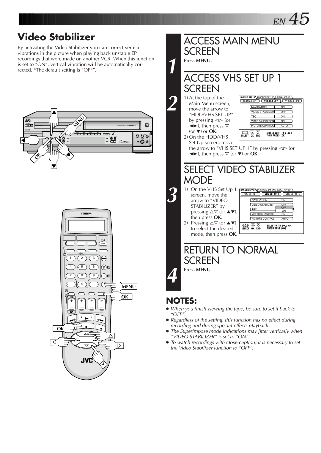 JVC HM-HDS1U manual Access VHS SET UP Screen, Select Video Stabilizer Mode 