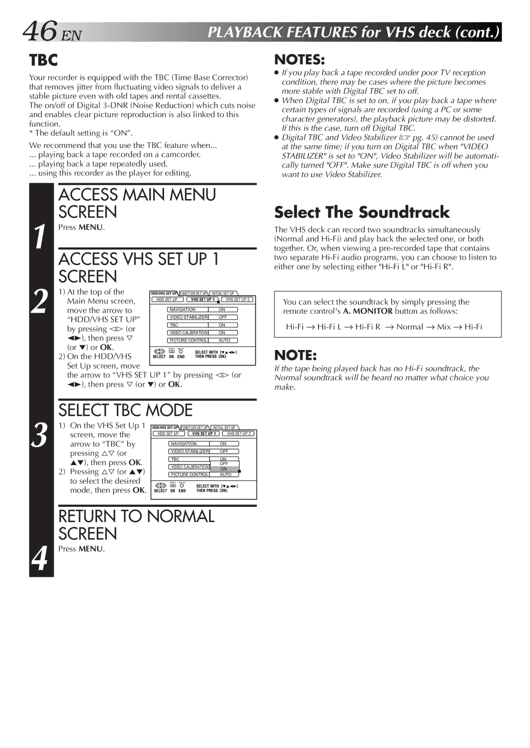 JVC HM-HDS1U manual Select TBC Mode, Arrow to TBC by, Pressing %Þ or Then press OK 