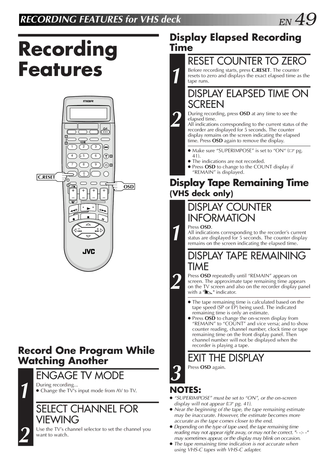 JVC HM-HDS1U Display Counter Information, Display Tape Remaining Time, Exit the Display, Display Elapsed Recording Time 