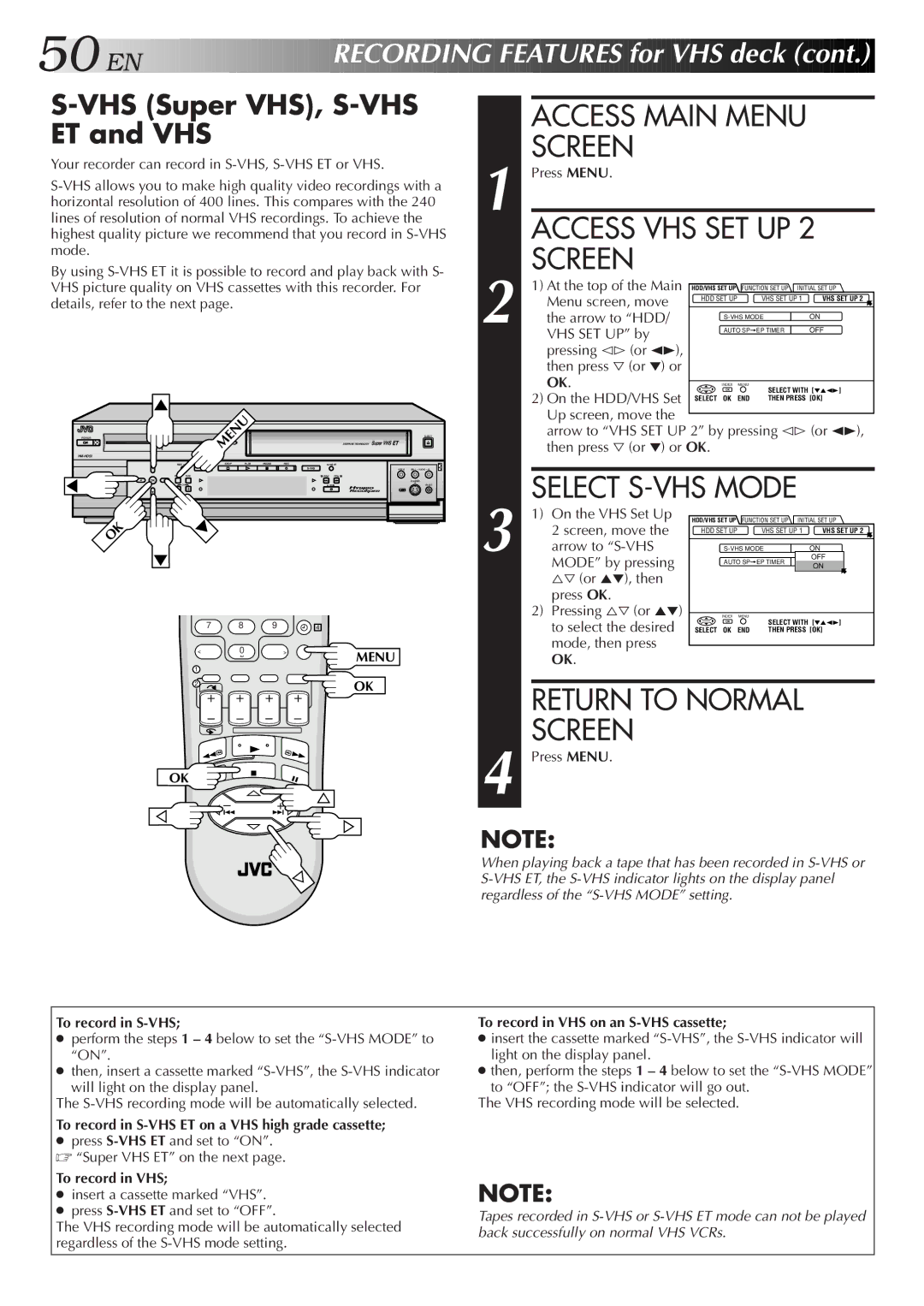 JVC HM-HDS1U manual VHS Super VHS, S-VHS ET and VHS 