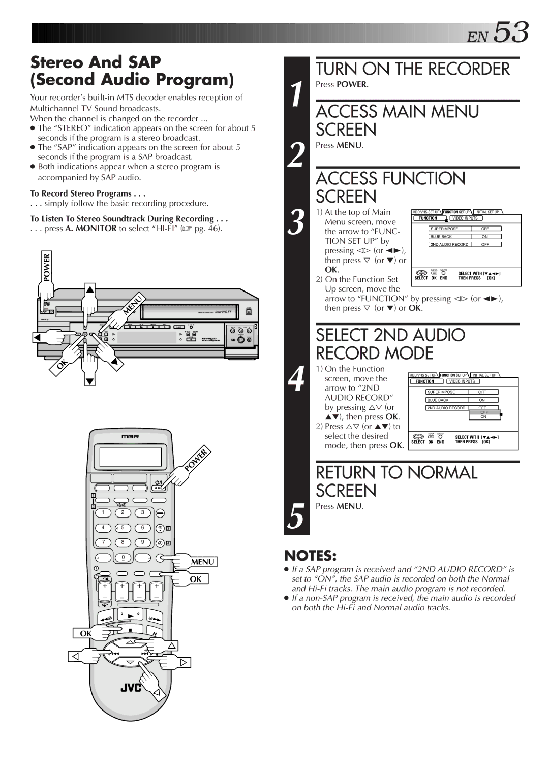 JVC HM-HDS1U manual Stereo And SAP Second Audio Program, Select 2ND Audio Record Mode, To Record Stereo Programs 