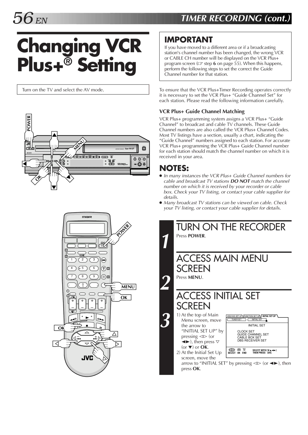 JVC HM-HDS1U manual Changing VCR Plus+ Setting, VCR Plus+ Guide Channel Matching 