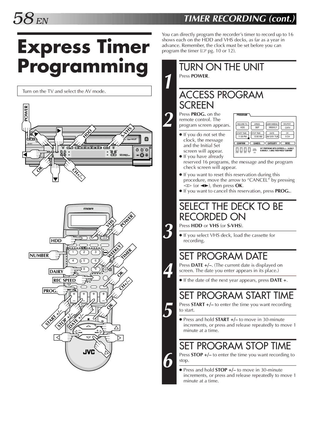 JVC HM-HDS1U manual Express Timer Programming, Recorded on, SET Program Date, SET Program Start Time, SET Program Stop Time 