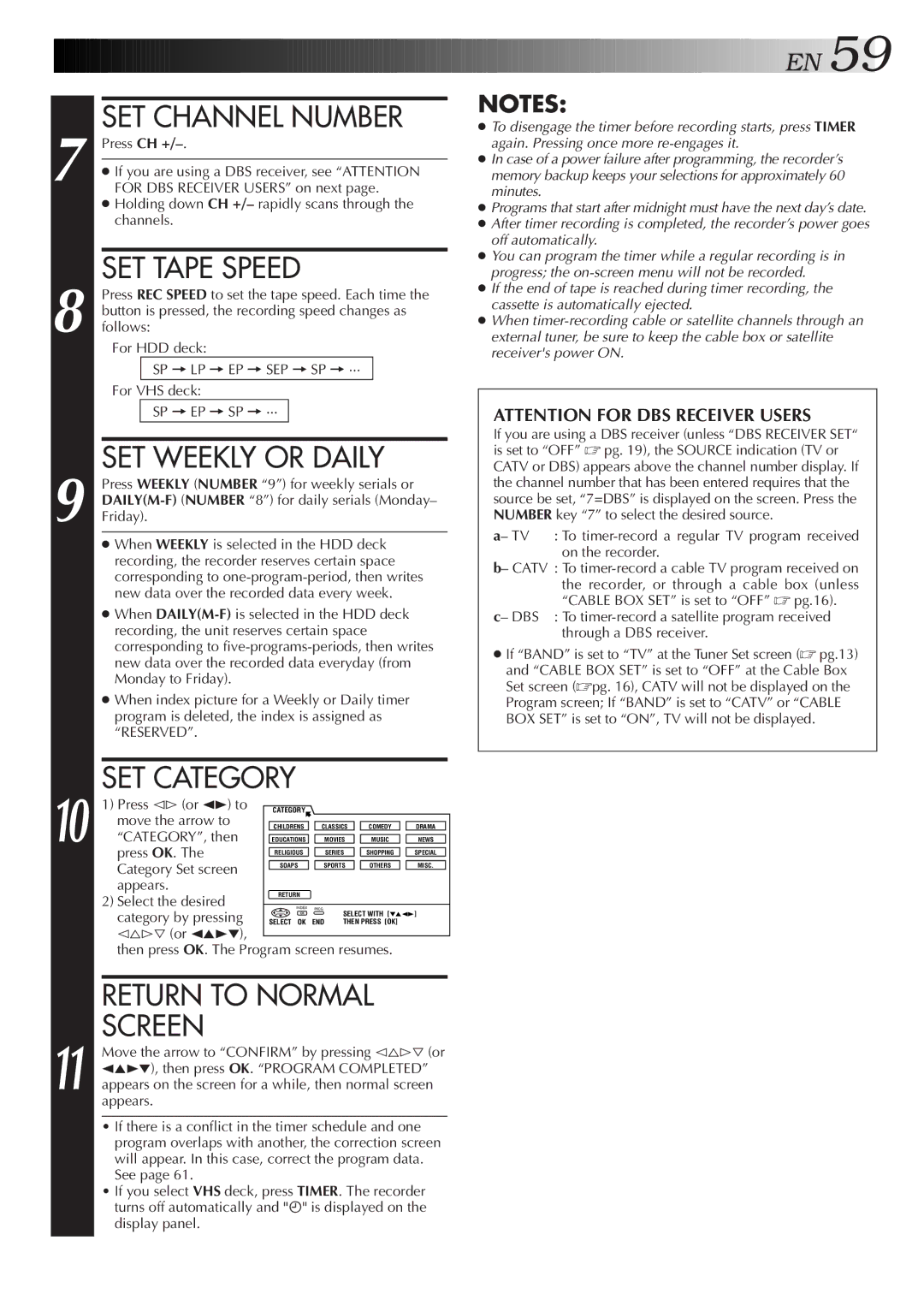 JVC HM-HDS1U manual SET Channel Number, SET Weekly or Daily, SET Category 