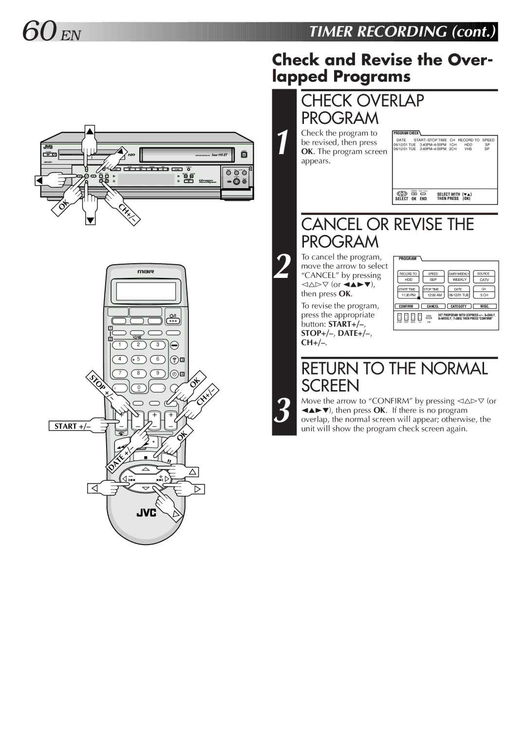 JVC HM-HDS1U manual Check Overlap Program, Check and Revise the Over- lapped Programs, Return to the Normal, Ch+ 