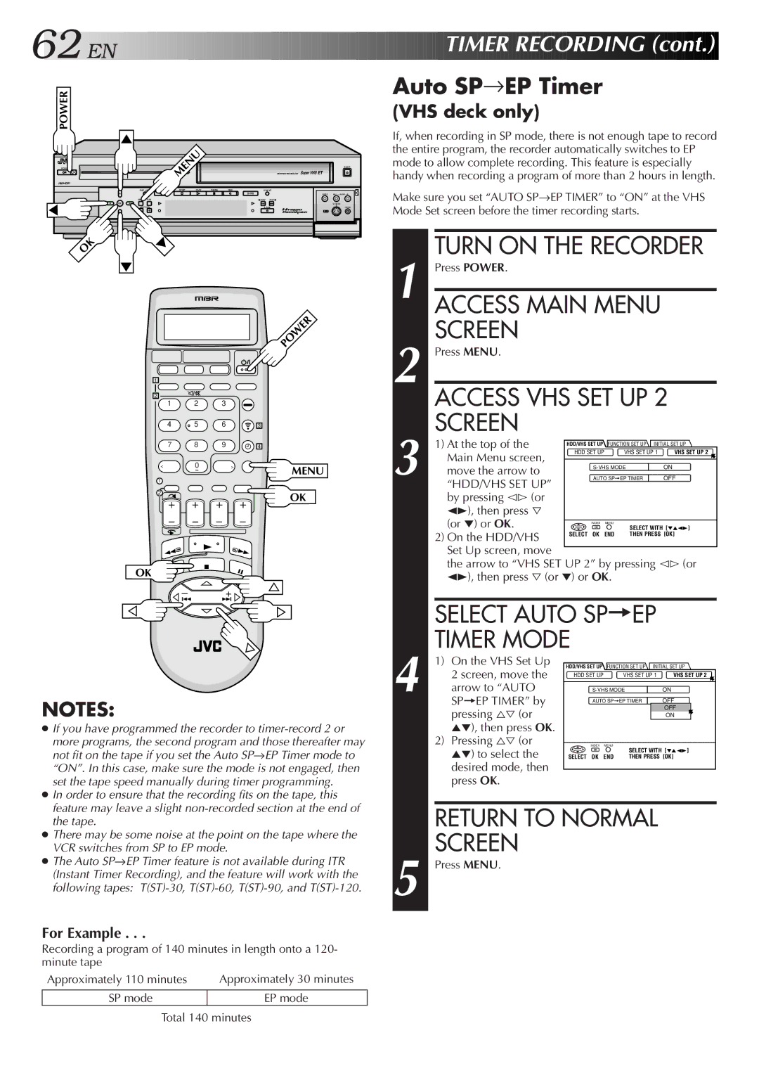 JVC HM-HDS1U manual Timer Mode, Auto SP→EP Timer, Select Auto SP=EP 