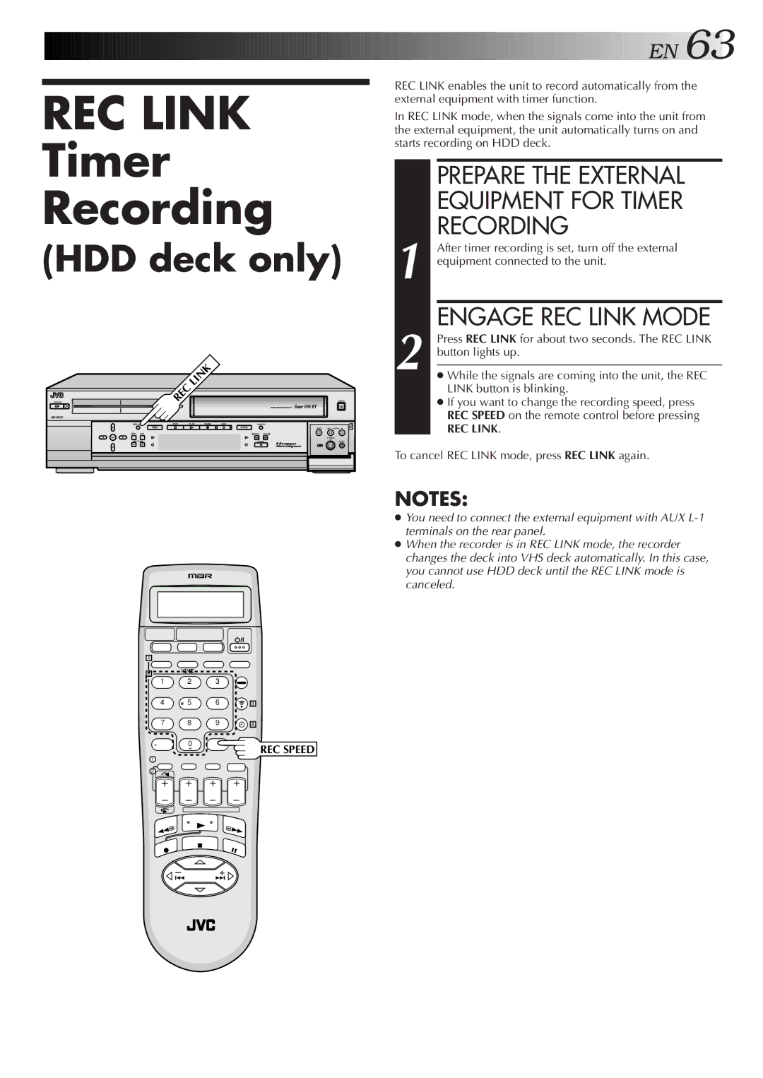 JVC HM-HDS1U manual Prepare the External Equipment for Timer Recording, Engage REC Link Mode 