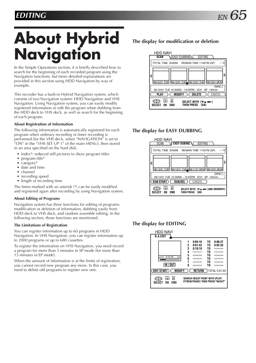 JVC HM-HDS1U manual About Hybrid Navigation, About Registration of Information, About Editing of Programs 