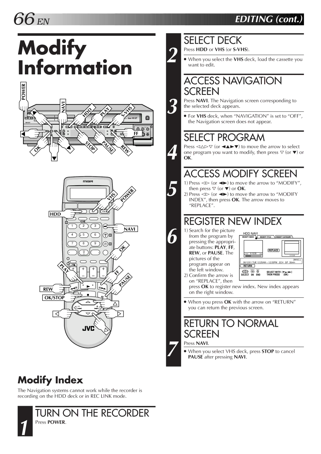 JVC HM-HDS1U manual Modify Information, Select Deck, Access Modify Screen, Register NEW Index, Modify Index 