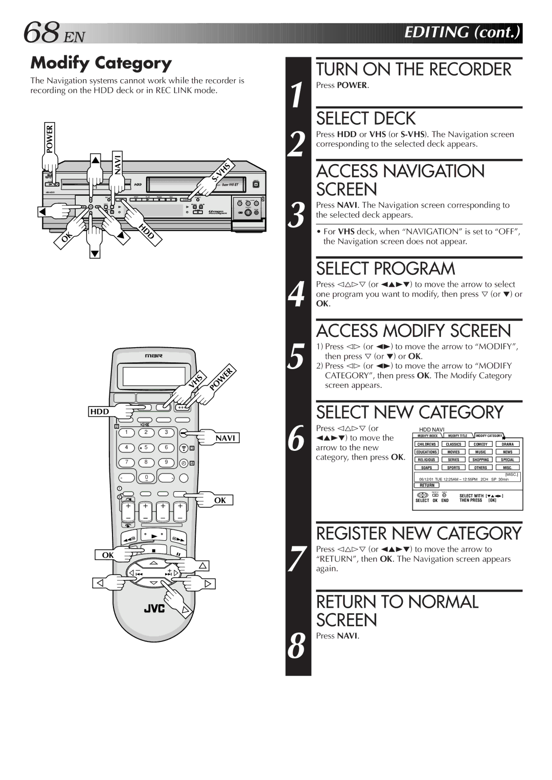 JVC HM-HDS1U manual Return to Normal, Modify Category, Access Modify Screen 