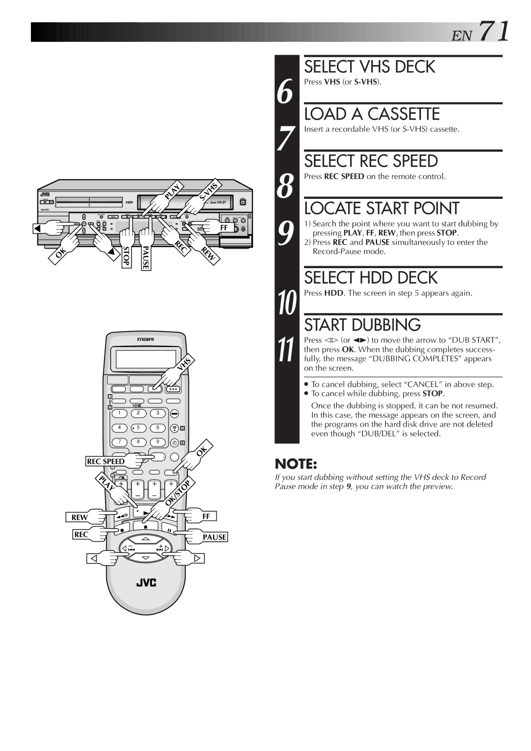 JVC HM-HDS1U manual Select REC Speed, Start Dubbing 