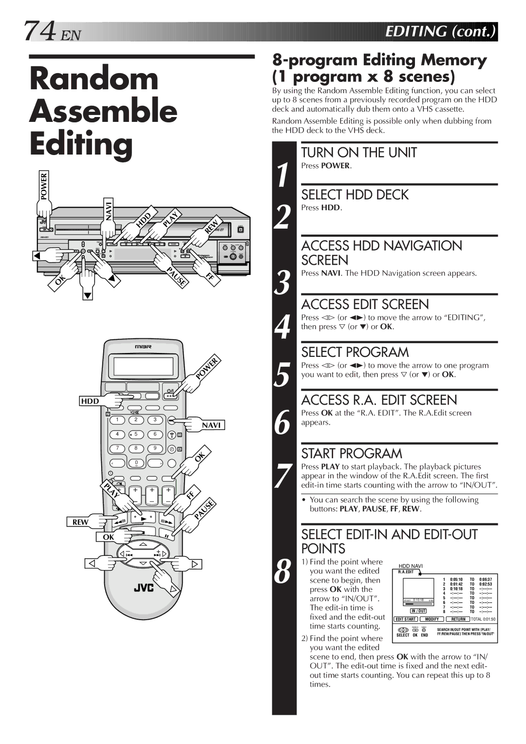 JVC HM-HDS1U manual Random Assemble Editing, Program Editing Memory 1 program x 8 scenes 