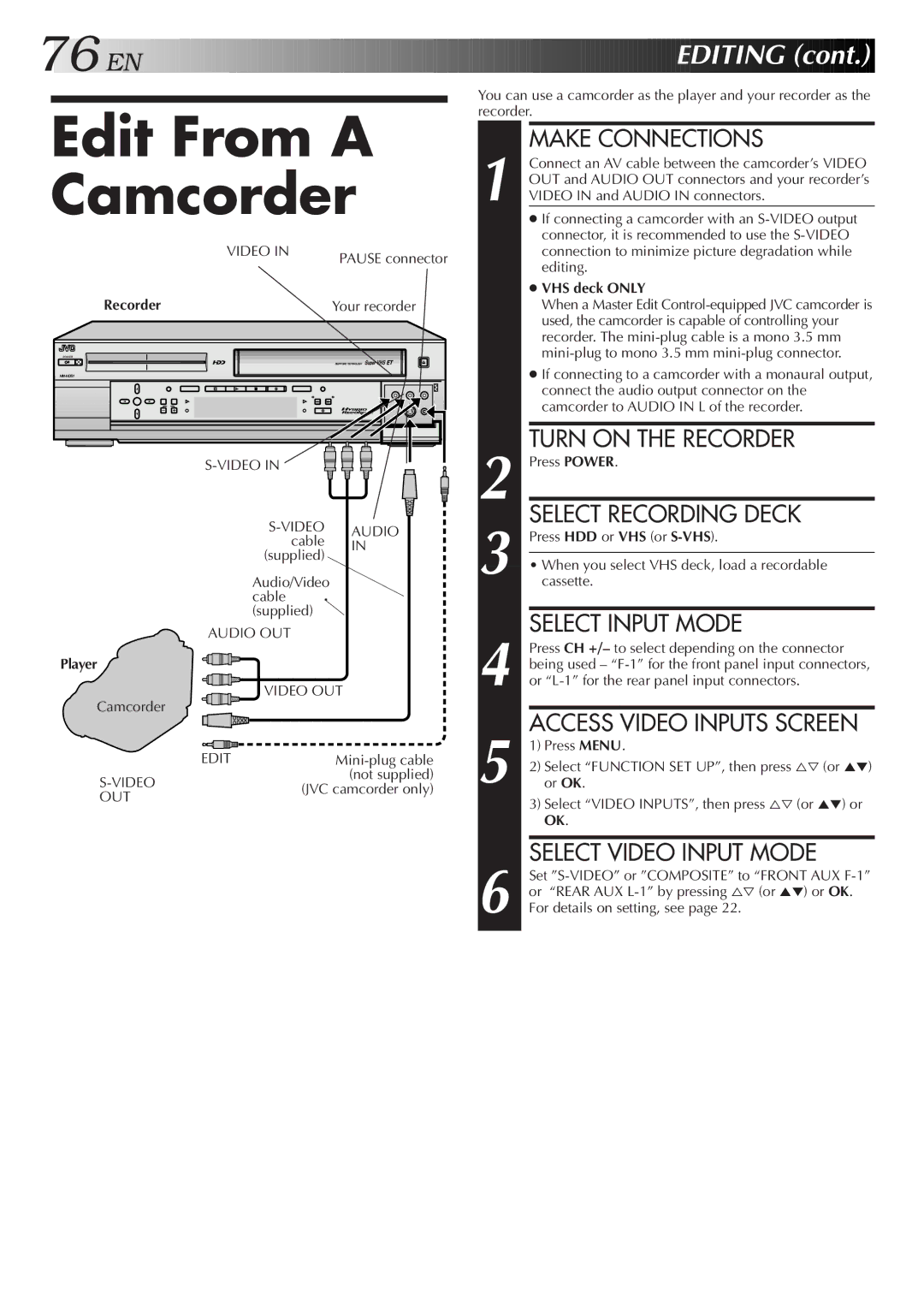 JVC HM-HDS1U manual Edit From a, Camcorder 