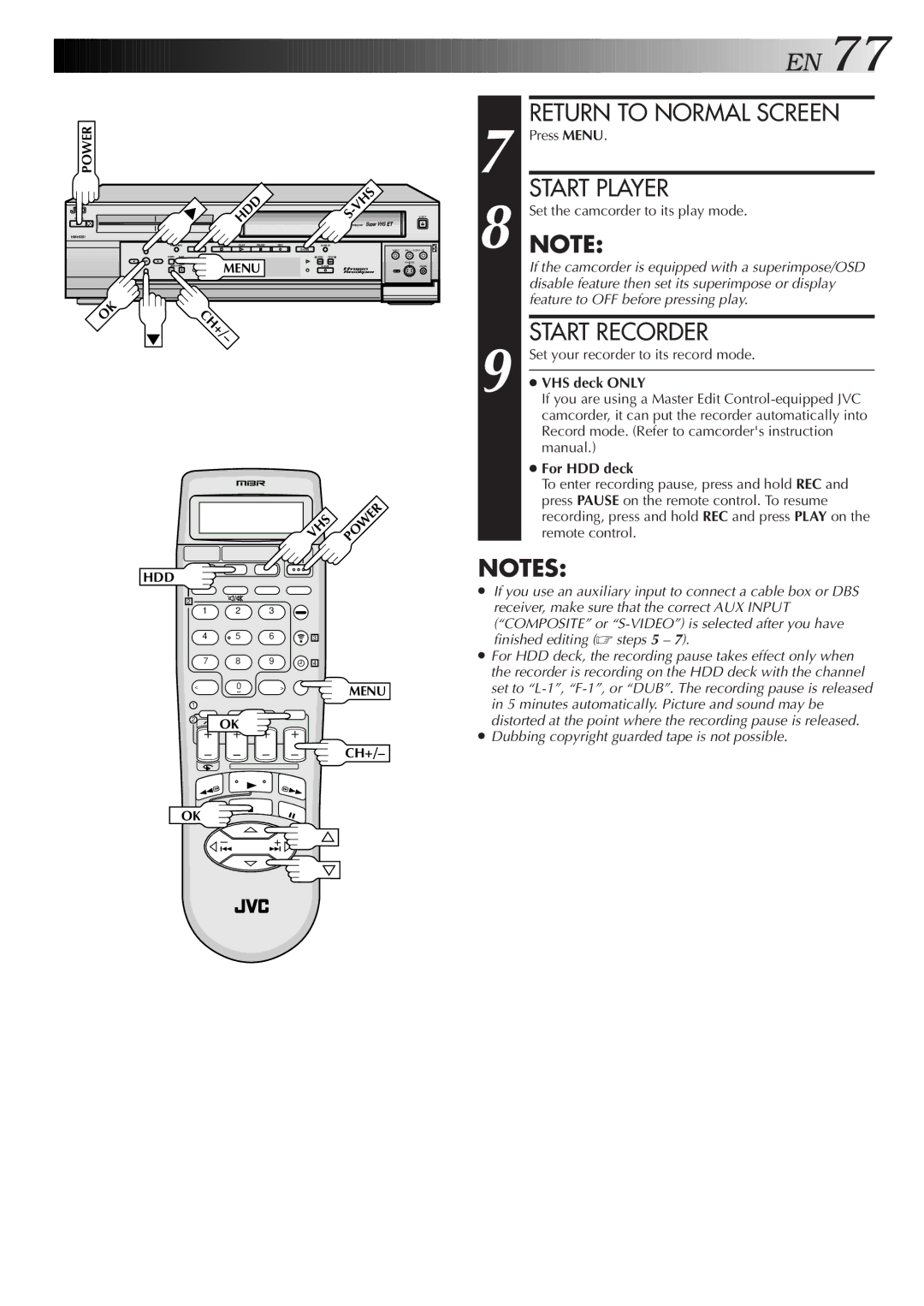 JVC HM-HDS1U manual Return to Normal Screen, Start Player, Start Recorder, For HDD deck 