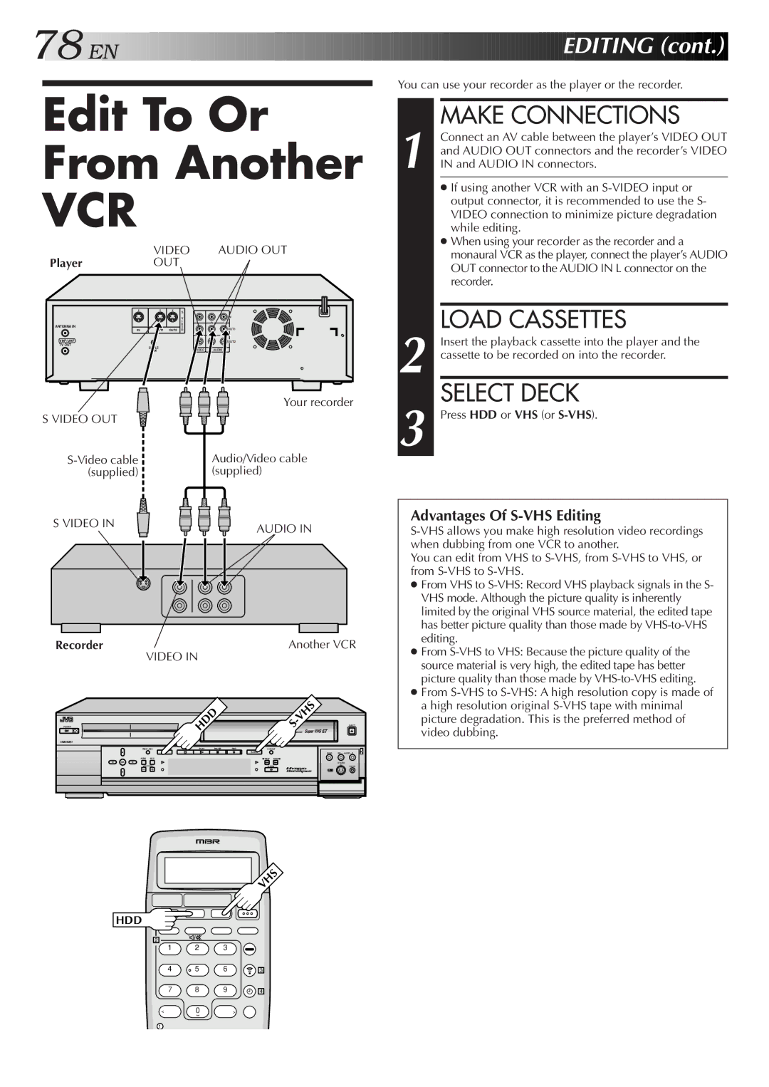 JVC HM-HDS1U manual Edit To Or From Another, Make Connections, Load Cassettes, Your recorder 