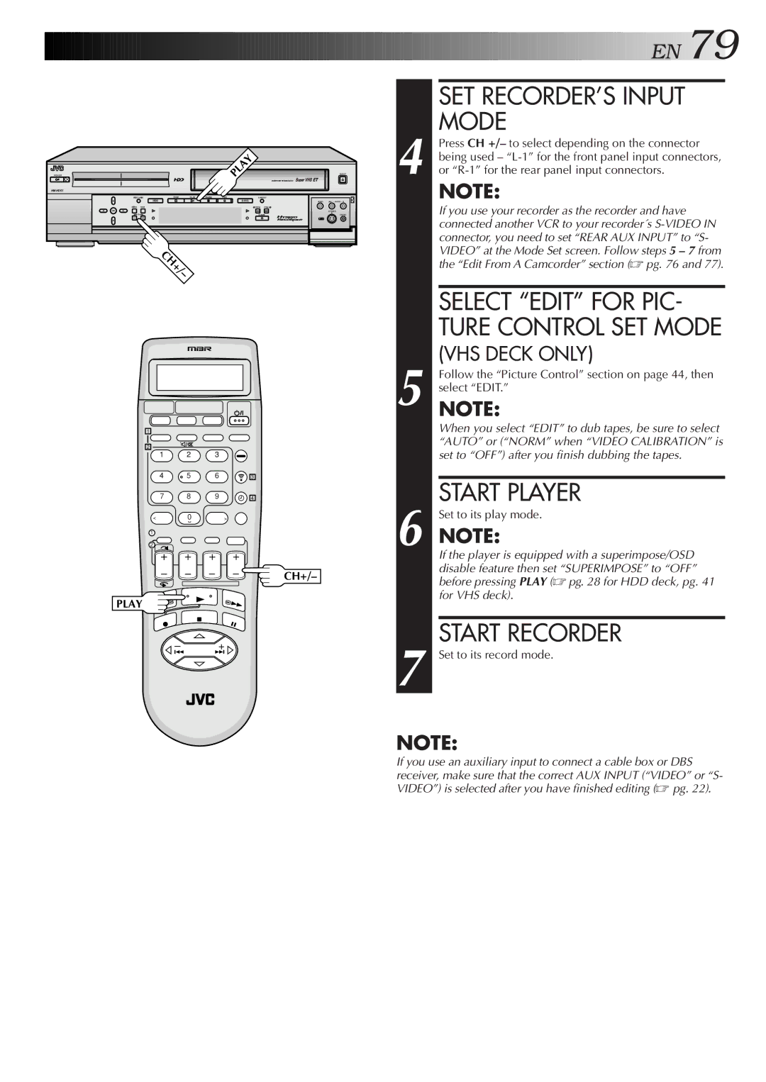 JVC HM-HDS1U manual SET RECORDER’S Input Mode, Select Edit for PIC, Ture Control SET Mode, Start Player, Start Recorder 