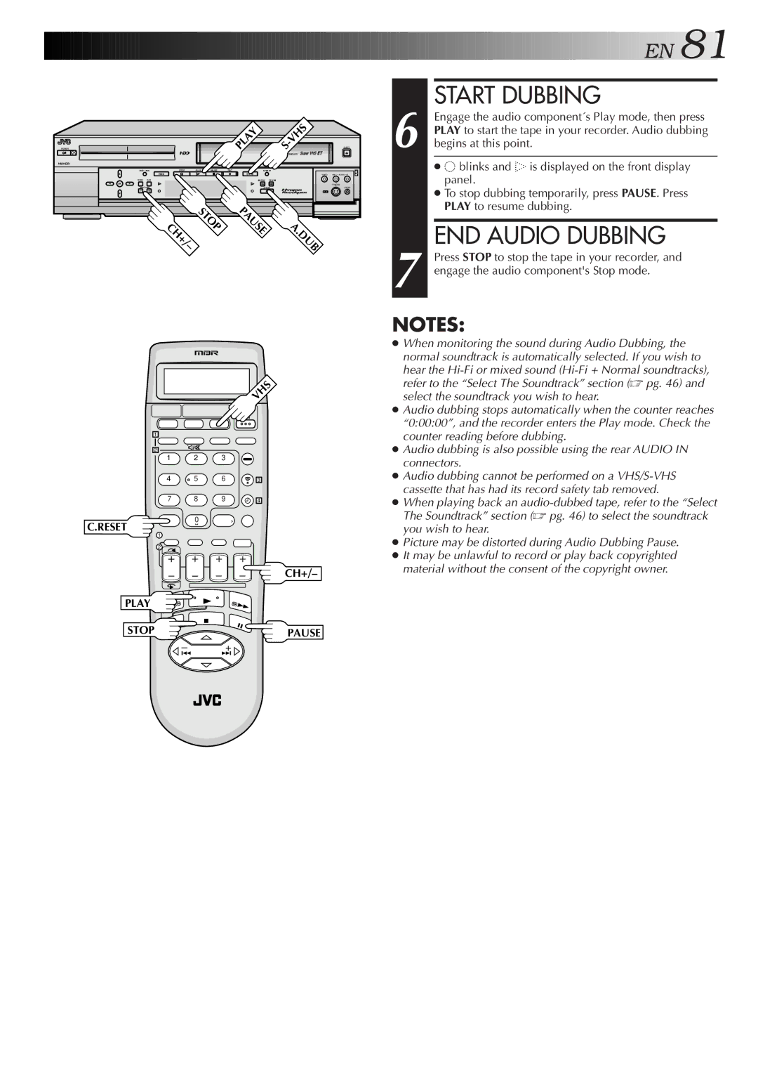 JVC HM-HDS1U manual END Audio Dubbing, When monitoring the sound during Audio Dubbing 