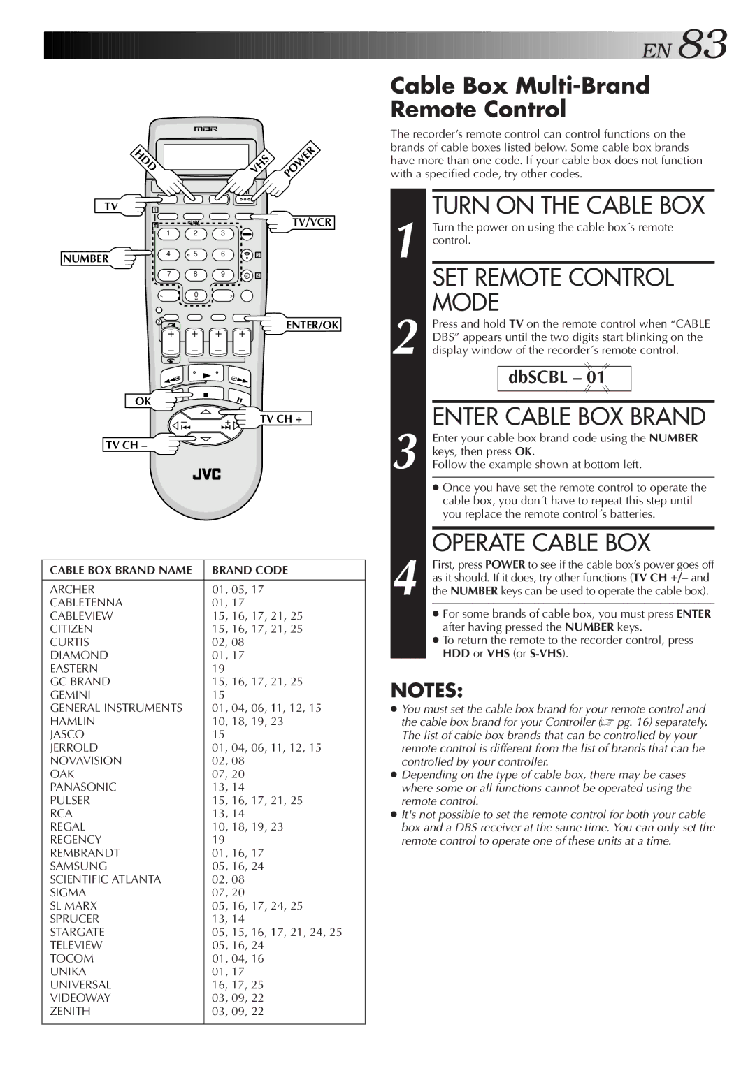 JVC HM-HDS1U manual Operate Cable BOX, Cable Box Multi-Brand Remote Control, HDD or VHS or S-VHS 