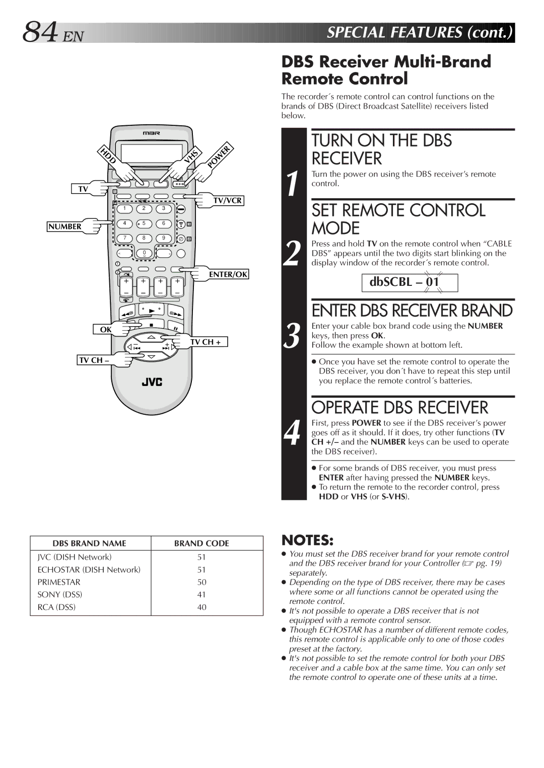 JVC HM-HDS1U Turn on the DBS, DBS Receiver Multi-Brand Remote Control, Operate DBS Receiver, Enter DBS Receiver Brand 