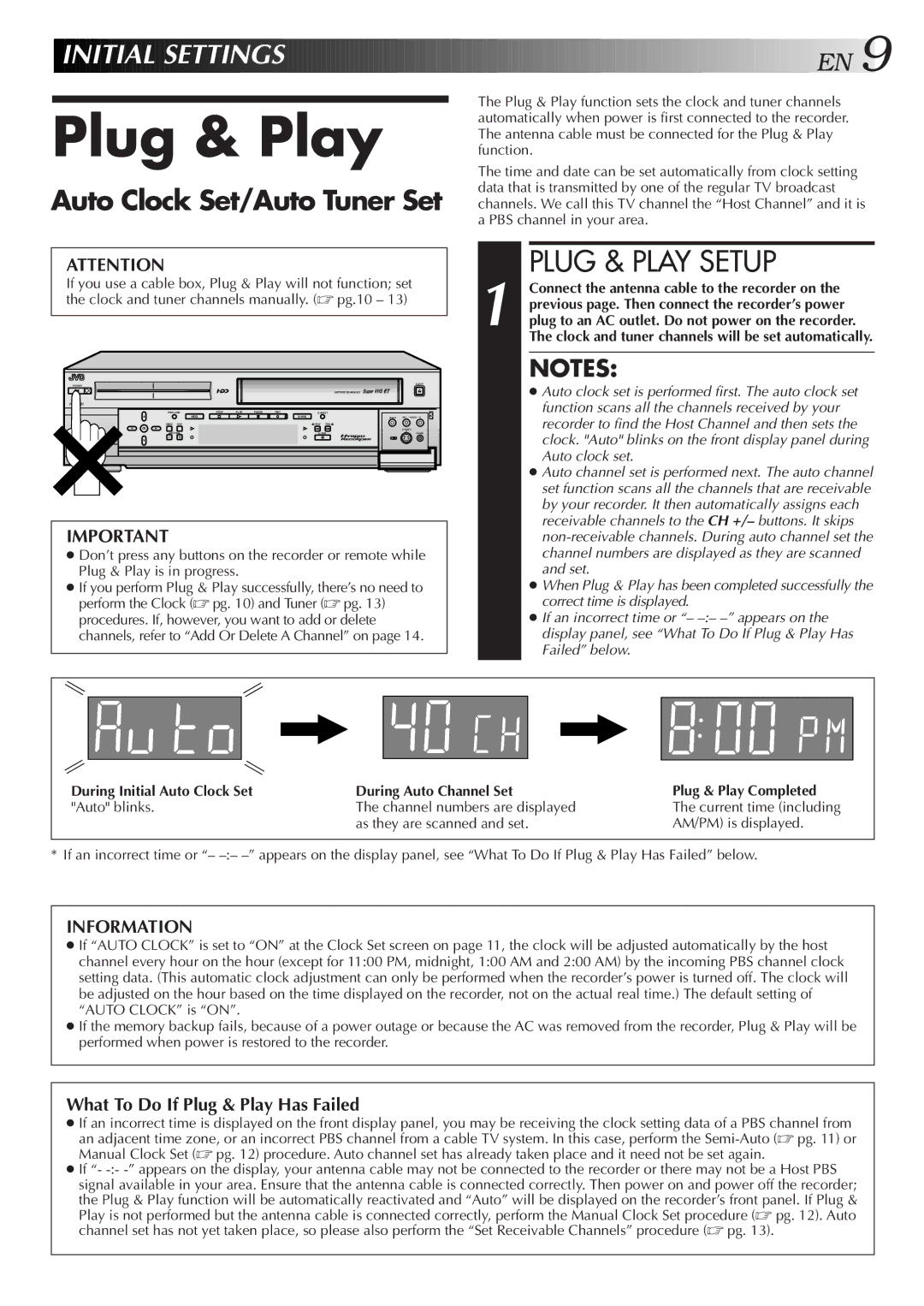 JVC HM-HDS1U manual Plug & Play Setup, Auto Clock Set/Auto Tuner Set, Auto blinks Channel numbers are displayed 