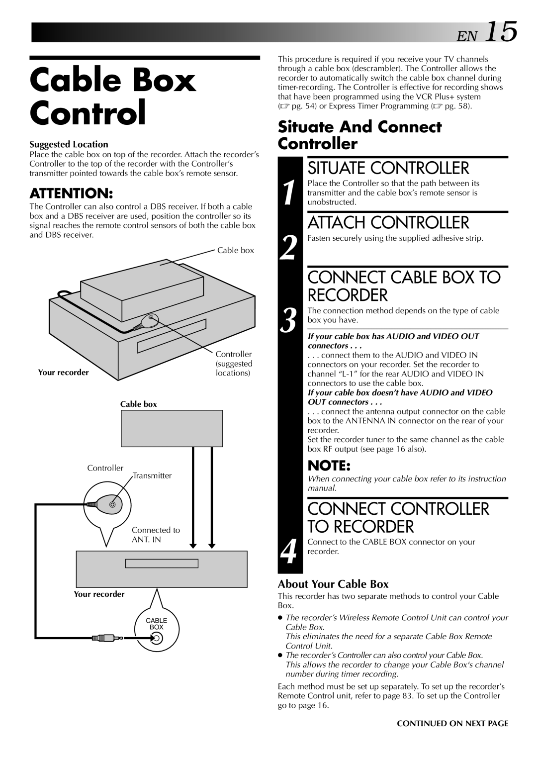 JVC HM-HDS1U manual Cable Box Control, Situate Controller, Attach Controller, Connect Cable BOX to Recorder 